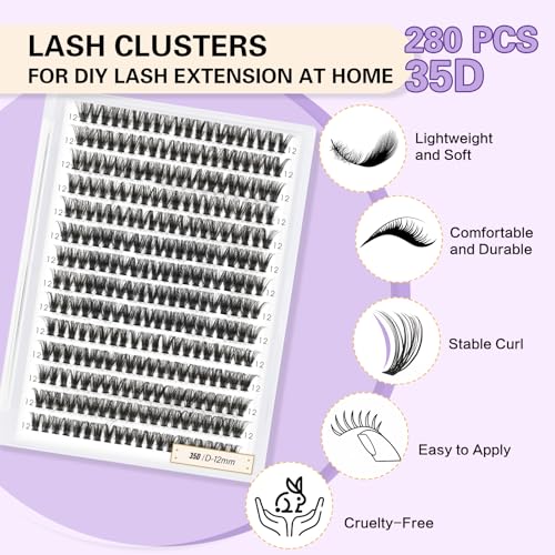 Lash Clusters Individual Lashes B&Q 280 PCS Eyelash False 35D 45D Extension Fluffy Natural Cluster Extensions DIY at Home (35D-0.07C,10-18MIX)