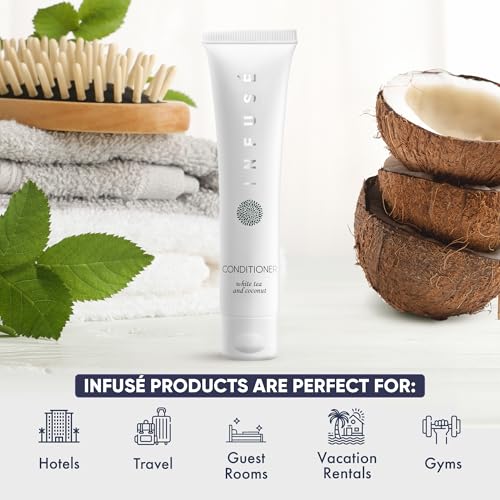Eco Botanics Travel Size Hotel Conditioner 300 Count 0.85oz Bottles Guest Amenities for Vacation Rentals & Short Term Rentals Paraben Free White Tea Scent Infused with Aloe Honey and Olive Oil