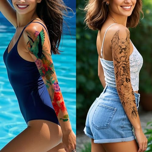 Christmas 8 Sheets Full Arm Temporary Tattoos for Adults, Waterproof Realistic Flower Bird Feather Fake Sleeve Tattoos For Women Men, Tiger Fish Tattoo Set Hand Body Art for Party Celebration Cosplay