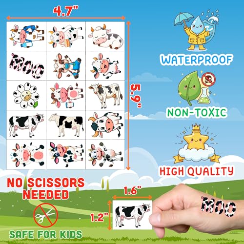 Cow Temporary Tattoos | Cute Cow Birthday Party Decorations Stickers Party Favors Supplies Accessories D?cor Gift Idea For Kids Boy Girl Teen Adult 60Pcs 4 Sheets Pre-cut
