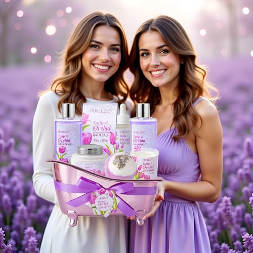 Spa Gift Basket, Mother's Day Gift for Mom - 8 Pcs Tulip scents Bath & Body Gift Set for Women, Spa Gift Kit, Birthday Gifts, Self Care, Pampering Gifts for Her, All Occasion Holiday Present