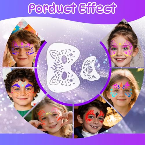 58 Pieces Face Paint Stencils and Brushes Kit, Incledes 36 Reusable Facial Painting Stencils, 6 Sheets Tattoo Stencil Stickers, 10 Brushes, 2 Pack Adhesive Gems, 4 Sponges for Party Festival Makeup