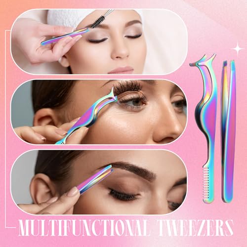 Baderke 5 Pcs Lash Applicator Tool Set Lash Tweezers for DIY Individual Lash Clusters Application and Removal Straight and Curved Eyelash Extension Tweezers with Storage Box and Eyebrush(Colorful)