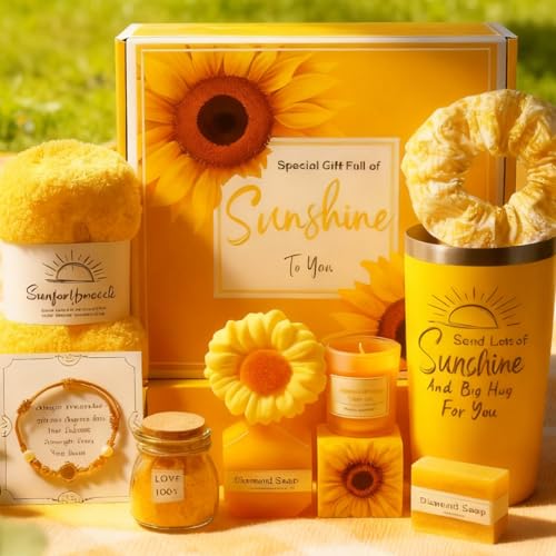 Sunshine Gift Basket for Women ? 10pcs Birthday Gifts for Women, Best Friend Cheer Up Box, Get Well Soon Care Package, Thinking of You Gifts for Mom, Sister, Friend (Sunflower - 10 PCS)