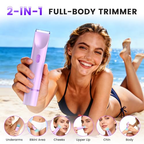 Bikini Trimmer for Women, Painless Electric Razor for Women with Dual Head, IPX7 Waterproof Pubic Body Hair Trimmer Electric Shaver for Legs/Arm/Underarm (Purple)