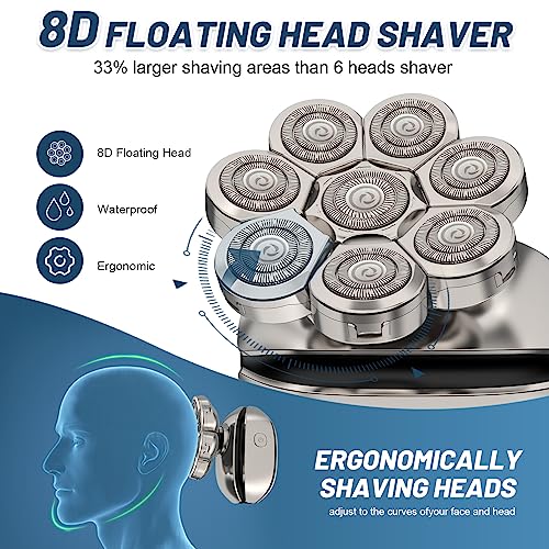 Electric Head Shavers for Men£º- 6 in 1 Head Shavers for Bald Men, IPX6 Waterproof Men's 8D Electric Head Razor, Wet&Dry Rotary Shaver Grooming Kit with Nose Beard Trimmer Hair Clipper