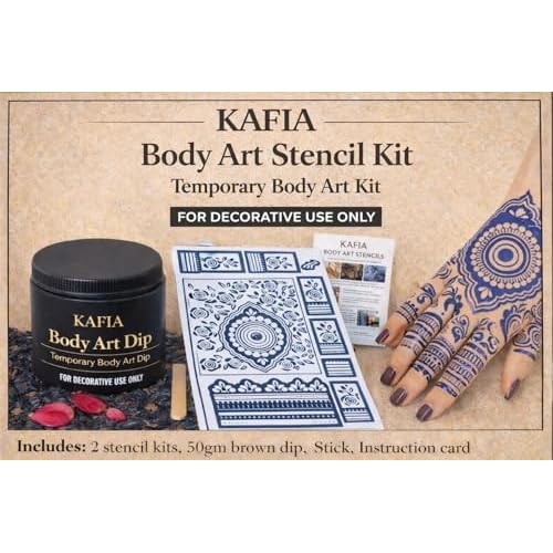 KAFIA Body Art Stencil Kit, Temporary Body Art, 50gm Brown Dip, 2 Stencil Kits, Includes Stick and Instruction Card
