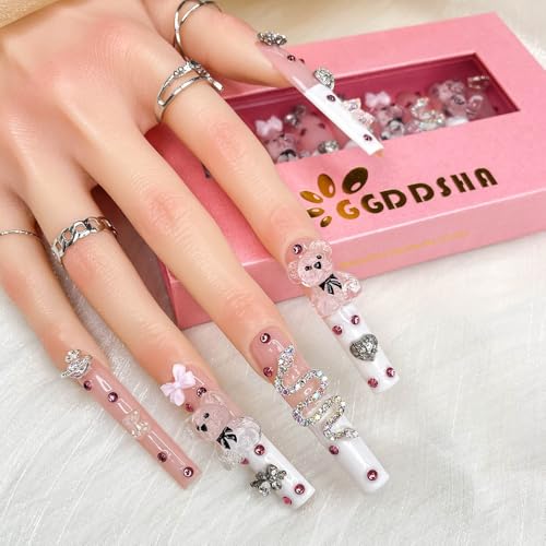 2025 Long Pmma Acrylic Handmade Nail Design Novelty with Rhinestone Bear Love Snake Design Glossy Nail, Reusable Nail Set with Box Gift for Women (White-pink, M)