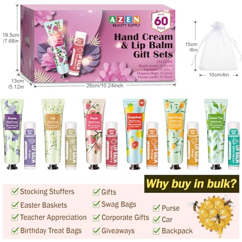 AZEN 60 Sets Bulk Gifts, Hand Cream and Lip Balm Bulk Set with Organza Bag Thank You Card, Baby Shower Wedding Gifts for Guests, Bridal Wedding Favors