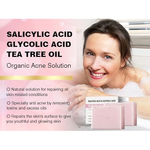 Salicylic Acid Scrub Soap, Face Bath Soap Bar with Glycolic Acid Tea Tree, Exfoliating Face Body Wash for Women & Men Anti-blemish Acne Strawberry Legs Ingrown Hair Keratosis Pilaris 200g/7OZ