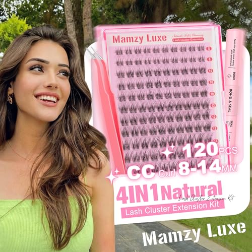 Natural Lash Clusters Kit Short Wispy Eyelash Clusters 8-14MM Clear Band Cluster Lashes Extensions Kit 120Pcs CC-Curly Daily Exquisite Eyelashes Clusters with Bond and Seal and Tweezers