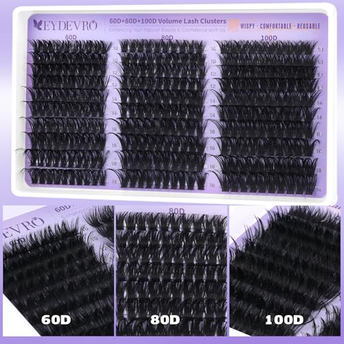 EYDEVRO Volume Lash Clusters 60D80D100D Eyelash Clusters Full Thick Cluster Eyelash Extensions D Curvature 10-18mm Individual Lashes Mega Volume Cluster Lashes DIY Lash Extensions at Home