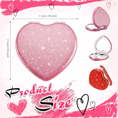 10 Pcs Red and Pink Heart Shaped Compact Mirror 1x/2x Magnifying Double-Sided Pocket Mirror for Purse, Cute Glitter Travel Makeup Mirrors Valentine's Day Gifts for Her, Travel Essentials