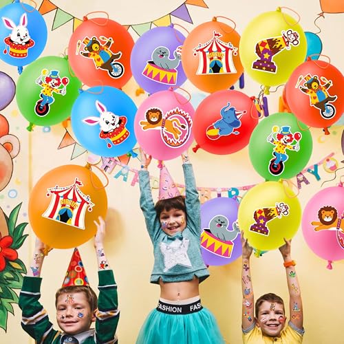 72 PCS Carnival Party Favors for Kids ? 48 Pre-Cut Temporary Tattoos & 24 Punch Balloons Themed Birthday Party Decorations Supplies Favors Gifts, Goodie Bag Fillers, Classroom Rewards