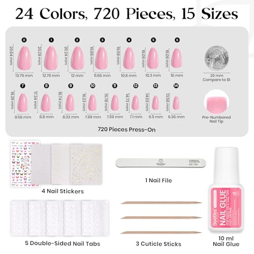 Beetles Press on Nails Kit 720Pcs 24 Colors, Short Almond Press on Nails Glossy Matte Glitter With Nail Glue & Nail Tabs Stickers, Natural Fit Lightweight Fake Nails Kit Art For Women Girls