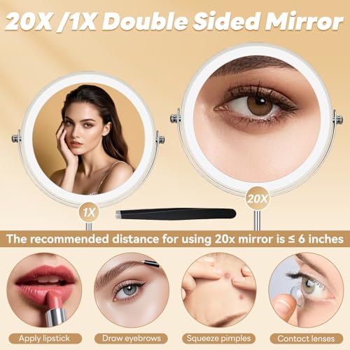 20X/1X Lighted Vanity Makeup Mirror, 3000mAh Rechargeable Height Adjustable Double Sided Magnifying Mirror, 3 Color Light, Brightness Adjustable, 360¡Æ Rotation, Women Gift
