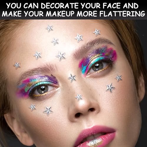 3 Sheets Self Adhesive Face Gems for Makeup Star Rhinestone Stickers Hair Gems Bling Jewels for Face Eyes Crafts Home Decor Scrapbooking Embellishments 5mm/7mm/10mm(Silver Rhinestones)
