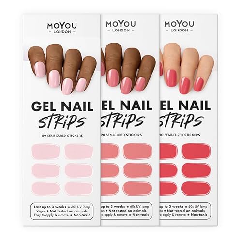 MoYou London Semi-Cured Gel Nail Strips, Nail File, & Wooden Cuticle Stick, 60 Pc. Gel Wraps for Nails Salon-Quality Manicure Set & Pedicure Supplies, Pink Collection