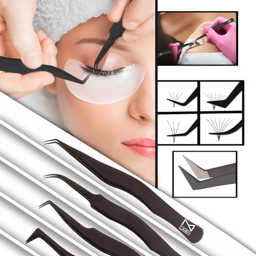 M LASH Eyelash Tweezers for Eyelash Extensions (Set of 4) - Professional Lash Extension Tweezers - Fiber Tip Lash Tweezers, Japanese Steel, Diamond Grip For Flawless Application (Green)