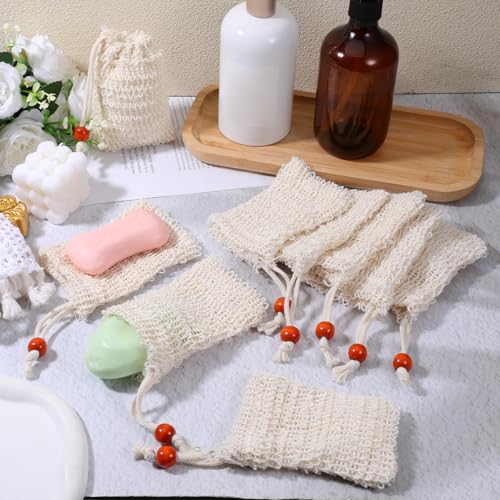 Soap Saver Bag, 80 Pack Bar Soap Pouch Natural Cotton Linen Exfoliating Soaps Bag with Drawstring Reusable Hand Made Mesh Soaps Bags for Bath and Shower Massaging(5.5 X 3.5 Inch,Beige)
