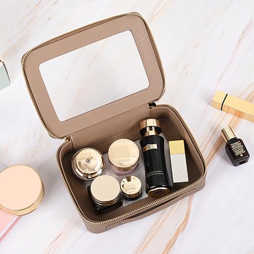 Aveniee Clear Makeup Bag for Women, Small Toiletry Travel Bag with Zipper, Portable Cosmetic Organizer Pouch for Skincare, Car Organizer Storage Bag for Essentials, Mocha Brown,Medium Classic