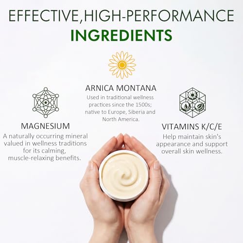 Arnica Cream for Bruising and Swelling & Body Muscle Relief, Soothing Hydrating Formula with Magnesium and Vitamins K, C & E, Suitable for Thin and Sensitive Skin for All Ages, 4 Oz