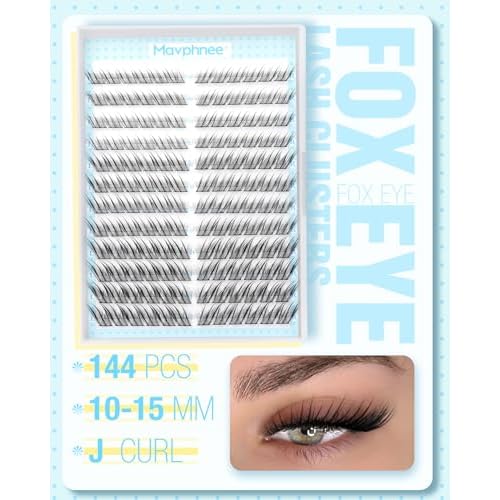 Fox Eye Lash Clusters J-Curly Individuals Eyelash Extension Wet Look Fairy Lash Spikes Cat Eye Lash Extensions Pre-Mapped Natural Eyelash Clusters 144 Pcs 10-15MM Wispy Cluster Lashs
