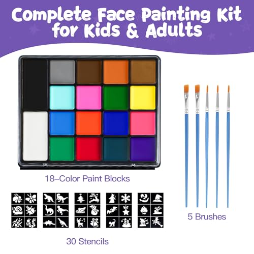 Face Painting Kit for Kids, 18 Colors Water Activated Face Paint with Brushes & Stencils, Non-Toxic Halloween Makeup Kit, Professional Face Body Paint for Halloween, Parties, Carnival, School Events