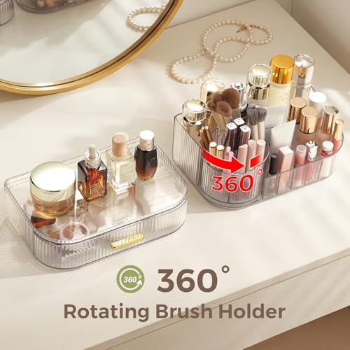 Delamu Makeup Organizer for Vanity with Stackable Drawers, 360 Rotating Makeup Brush Holder Large Cosmetic Display Case, Bathroom Skincare Storage, Crystal Clear, Ideal Christmas Gifts for Girls