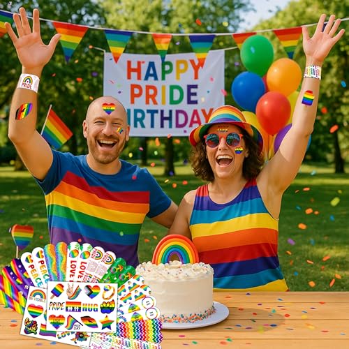 48PCS Pride Party Set - 24PCS Rainbow Temporary Tattoos & 24PCS Slap Bracelets-LGBTQ+Celebration Supplies, Birthday Gifts, Baby Shower Favors, Classroom Rewards,Party Decor for Kids (Boys & Girls)