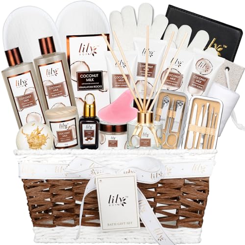 Mothers Day Gifts for Women - Luxurious 28Piece Coconut Vanilla Spa Gift Set Body Care Collection, Bath & Body Basket Gift Set for Valentines Day, Birthday, Christmas Gifts Self Care Gift