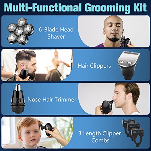 Electric Shaver for Men, 6 in 1 Electric Razor for Men, IPX7 Wet/Dry Waterproof Men's Shavers Rotary Head with Shavers Kit LED Display, Gifts for Husband, Dad,Boyfriend (Silver)