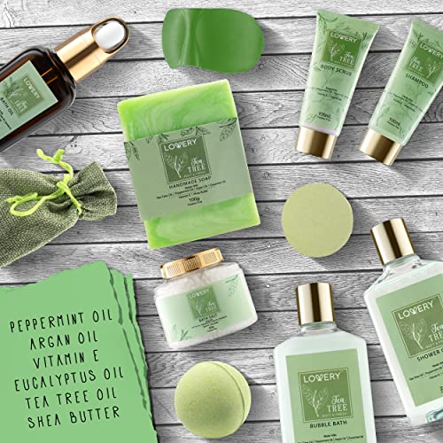 Tea Tree Bath Set - Luxury Home Spa Set with Calming Mint Fragrance ? 15 pc Relaxation Gift Basket with Tea Tree Bath Oil,Shower Gel, Bubble Bath, Handmade Soap, Steamer Tablet, Potpourri & More