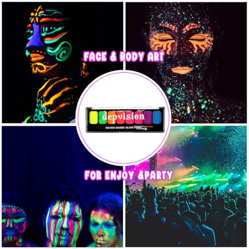 Depvision 8 Colors Glow in the Dark UV Face and Body Paint Palette Water Based Neon Blacklight Water Activated Washable Reactive Fluorescent for Christmas Halloween Party Non-toxic