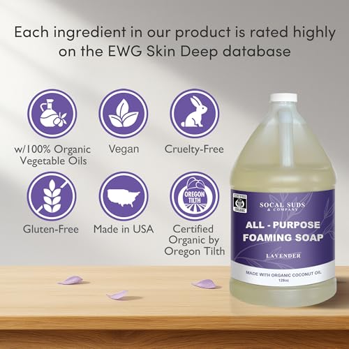 SoCal Suds & Company 128oz Certified Organic Foaming Hand & Body Wash - Gentle Natural Body,Baby & Face Wash for Sensitive Skin, Moisturizing Soap, Hand Soap and More - Lavender