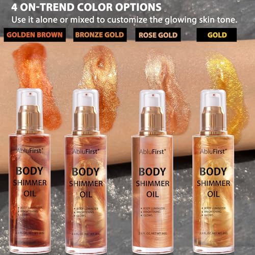 Shimmer Body Oil 100ml Face Glitter Summer Body Moisturizing Light Shimmering Glow Non-Sticky Party Luminizer and Illuminator Smooth (3.38 Fl Oz Pack of 1, Bronze Gold)