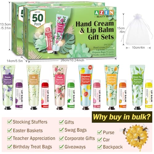 AZEN 100 Sets Bulk Gifts, Hand Cream and Lip Balm Bulk Set with Organza Bag Thank You Card, Baby Shower Wedding Gifts for Guests, Bridal Wedding Favors, Valentines Gift for Women