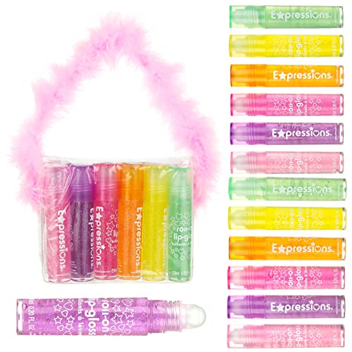 EXPRESSIONS 12pc Roll On Gloss Set Maribou Handle Carrying Case - Makeup Kids Teens Assorted Fruity Flavors Non Toxic Friendly Supplies
