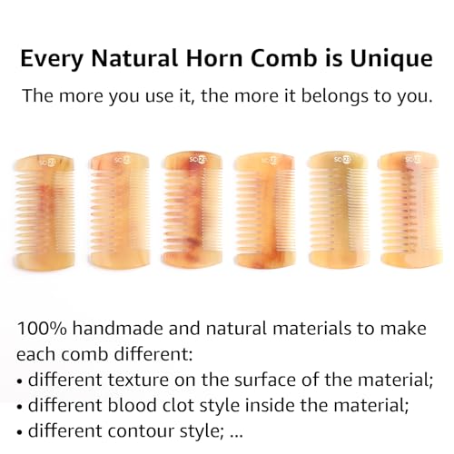 Untreated 4.3 inch Real Ox Horn Curly Hair Picks Beard Mustache Comb, Handmade Fine Wide Tooth Double Sided Small Pocket Travel, Anti-static Detangling Massage Scalp Gua sha for Women Men