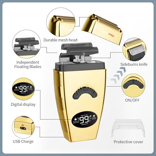 HIENA PRO Reciprocating Foil Shaver for Men, Professional Bald Precision Trimmer and Beard Trimmer, Electric Foil Shaver with USB Charging, Grooming Tools, Gifts for Men(Gold)