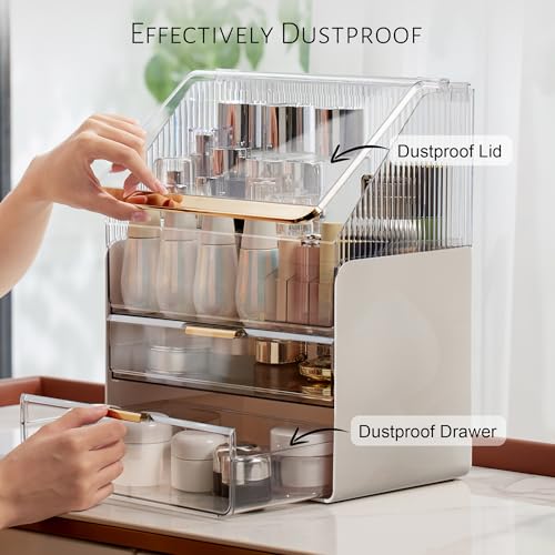 JOYMOOP Makeup Organizer with Transparent Cover, Skincare, Lipstick and Perfume Storage, Cosmetic Organizer, Makeup Box for Bathroom Countertop or Vanity Desk, White & Gold