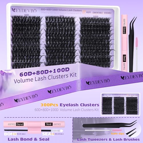 EYDEVRO Lash Clusters Kit 60D80D100D Volume Lash Extension Kit Wispy Cluster Eyelash Extensions Eyelash Extension Kit 10-18mm D Curvature Cluster Lashes with Lash Bond and Seal Tweezers Brushes