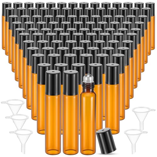100 Pcs Essential Oil Roller Bottles 10ml Empty Glass Roller Bottles with Stainless Steel Balls Protection Leakproof with 5 Funnel for Travel Perfume Lip Gloss (Brown)
