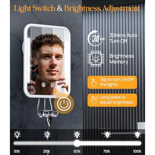 Gospire Heated Shaving Mirror for Shower Fogless with Light, Rechargeable Battery and Adjustable Brightness, Suction Cup and Razor Holder, Removable & NO-Drilling, Waterproof for Bathroom (White)