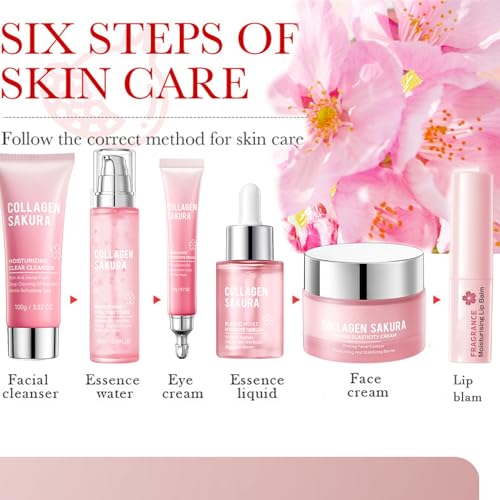 Sakura Skincare Kit, 11Pcs Skin Care Set with Cleanser, Toner, Serum, Cream, Eye Cream, Lip Balm & Masks. Skincare Gift Set for Teens & Women, Moisturize & Smooth Skin (11Pcs, Cherry)