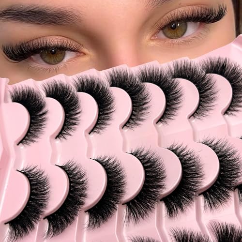 Cat Eye Lashes Natural Look Short Fluffy 16mm Faux Mink Full Strip Lashes Pack 3D C Curl Volume Fox Eye False Eyelashes 14 Pairs