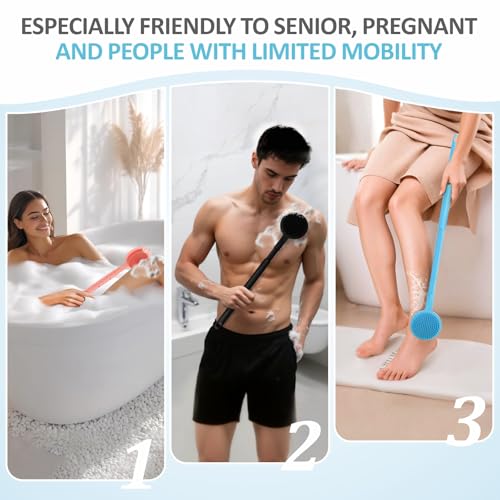 Adjustable Silicone Back & Face Scrubber Set, 16''-24'' Extendable Shower Back Scrubber with Dual-Side Head and Lathering Bristles, Manual Face Scrubber with Soft Bristles Non-Slip Handle(Blue)