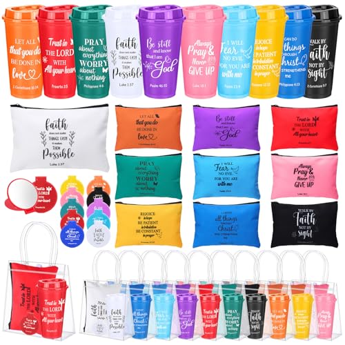 Patelai 80 Pcs 20 Sets Christian Gift Bulk for Women Scripture 16 oz Bible Verse Tumblers Makeup Bags Compact Mirrors Clear Gift Bags for Volunteer Ministry Religious Church Easter Party Favors