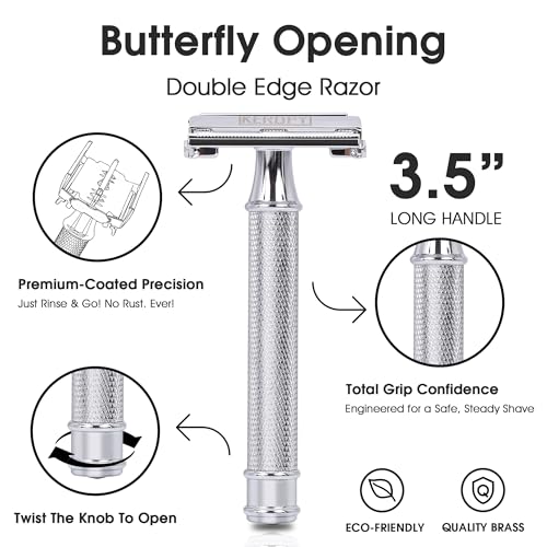 Safety Razor for Men, Premium Stainless Steel Butterfly Open Comb DE Razor, Weighted Heavy Handle with 10 Double Edge Blades, Mirror Polished Silver - Luxury Gift Set for Dad, Groom