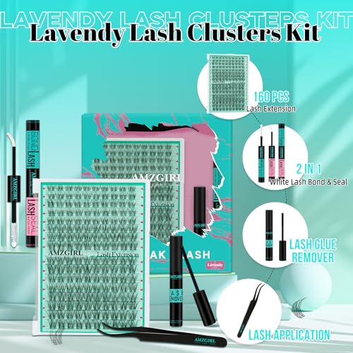 Lash Clusters Kit,160pcs Natural Eyelash Extension with Lash Bond and Seal Waterproof,Remover For Lashes Cluster,Lash Applicator Tool For False Eyelashes Extensions At Home(Lavendy,Kit)